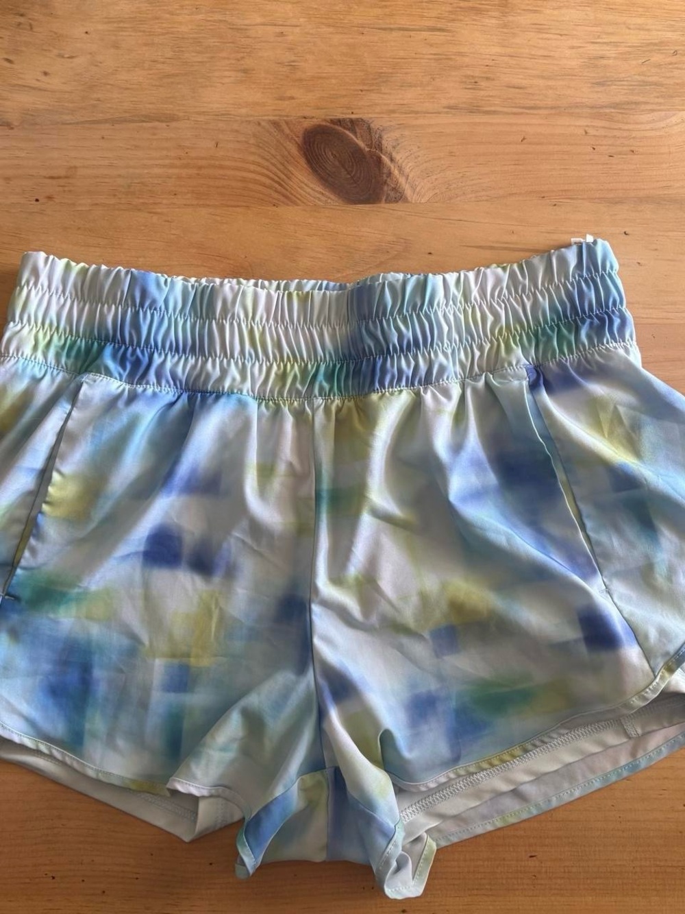 Avia Light Blue Watercolor Athletic Shorts with Green & Yellow Accents
